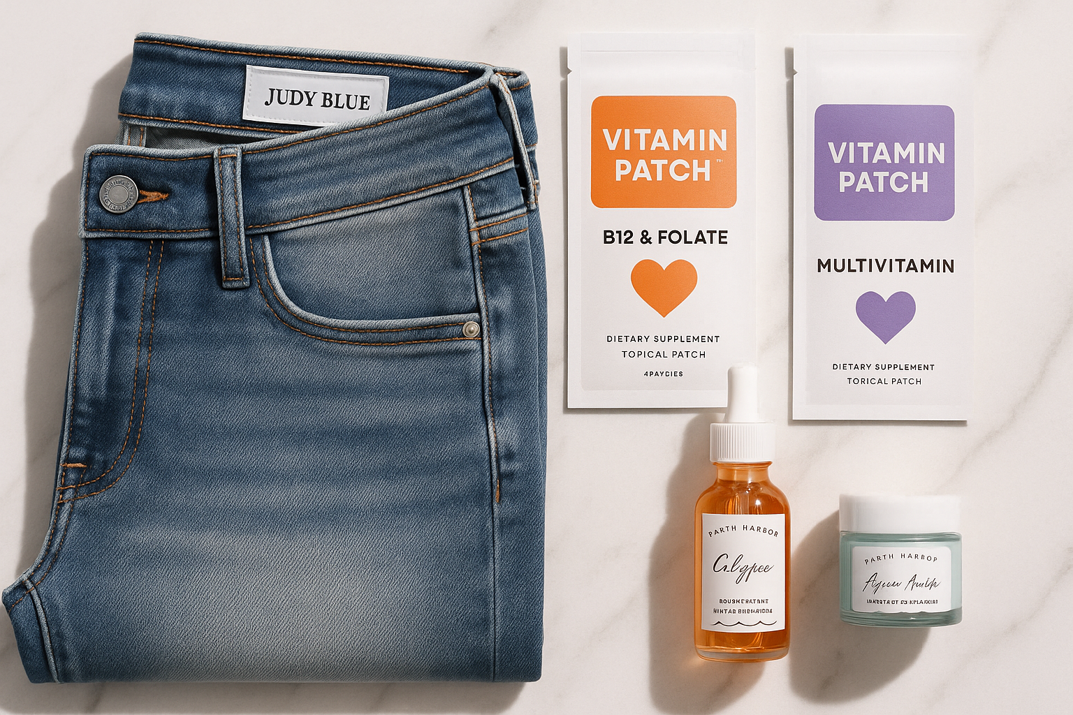 Judy blue jeans + Vitamin patches + earth harbor skincare