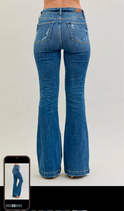 Midrise button fly distress trouser flare