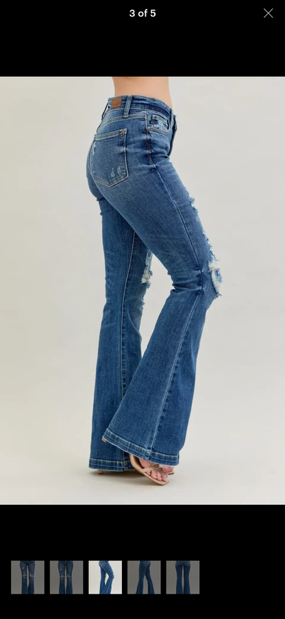 Midrise button fly distress trouser flare