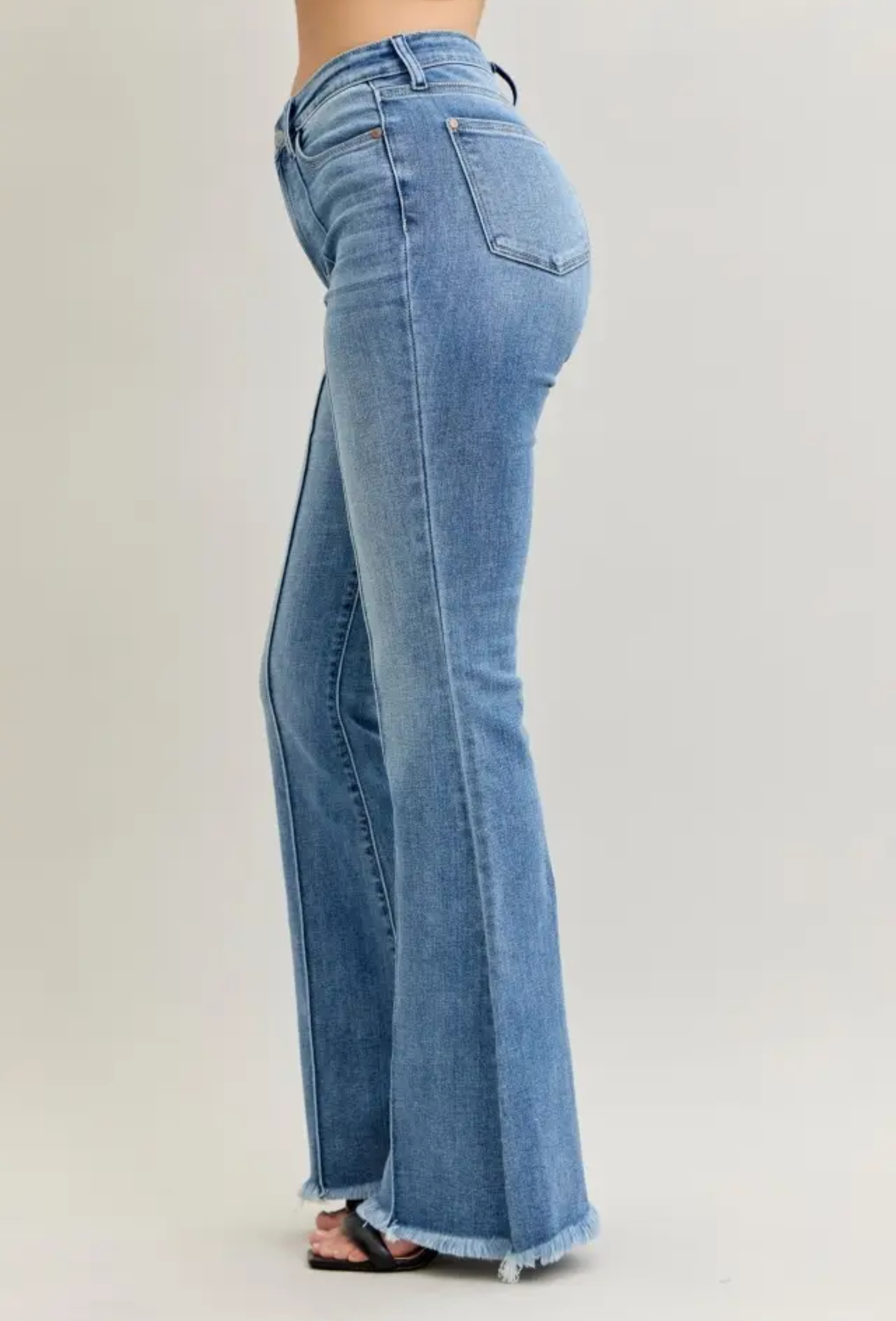 High waisted pintuck flair & fray hem