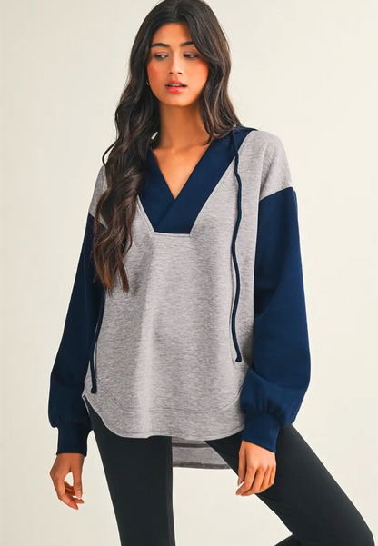 Color Block V Neck Hoodie