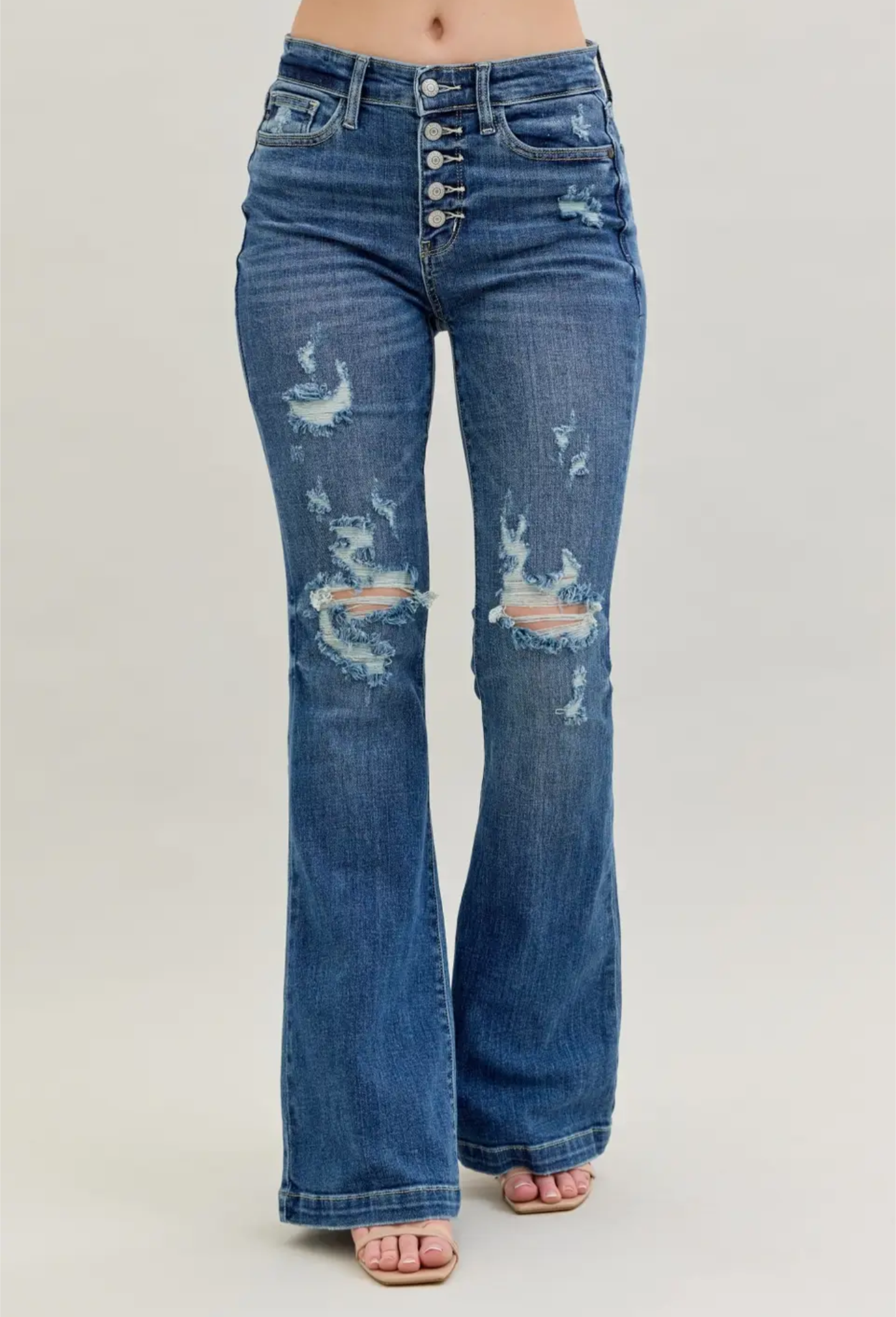 Midrise button fly distress trouser flare