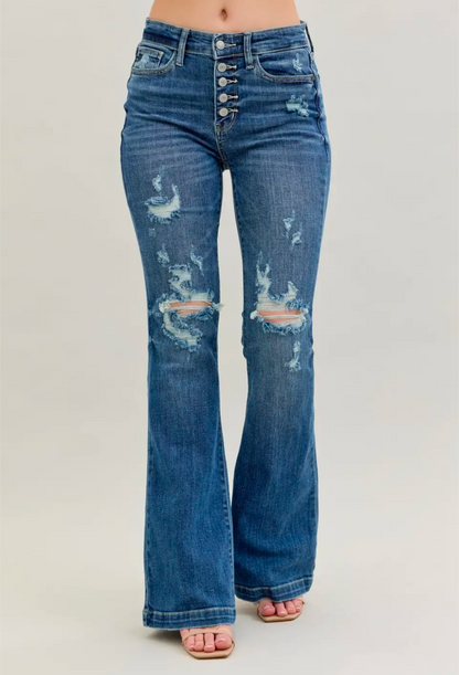 Midrise button fly distress trouser flare